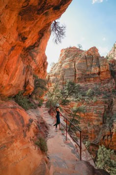 a person with an umbrella standing on a path in front of some rocks and trees