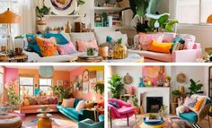 three different pictures of colorful living room furniture