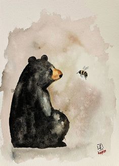 a watercolor painting of a bear and a bee