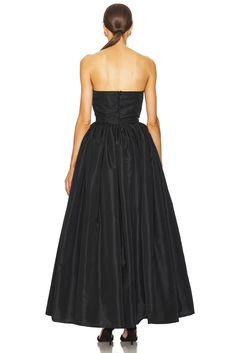 100% polyester.  Made in London.  Hand wash.  Partially lined at bust.  Hidden back zip closure.  Strapless styling.  Heavyweight taffeta fabric.  Neckline to hem measures approx 54" in length.  .  .  .  .  .  .  .  . Taffeta Dress With Voluminous Skirt For Gala, Voluminous Taffeta Dress For Formal Occasions, Voluminous Taffeta Formal Dress, Chic Ruched Taffeta Dresses, Fitted Strapless Taffeta Dress, Taffeta Dress With Voluminous Full Skirt, Evening Dress With Ruched Full Skirt, Taffeta Dress With Ruched Fitted Bodice, Chic Taffeta Dress With Voluminous Skirt