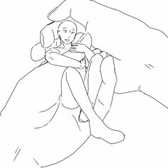 a drawing of a person laying in bed with their arms wrapped around each other,