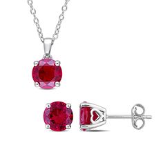 Add a pop of fiery color to her attire with this red lab-created ruby solitaire pendant and stud earrings set in silver. Crafted in sterling silver Each piece glistens with a 7.0mm round bright red lab-created ruby solitaire - the traditional birthstone for July that epitomizes integrity, confidence and strength. Open heart-shaped details along the setting of each earring are a sweet touch. The pendant suspends along an 18.0-inch cable chain that secures with a spring-ring clasp. These post earr Red Lab, Peoples Jewellers, Solitaire Necklaces, Silver Prices, July Birthstone, Solitaire Pendant, Open Heart, Stud Earrings Set, Earrings Set