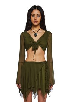 Current Mood Crop Top With Tie Closures And Skirt Set Fairycore - Green – Dolls Kill Mystical Clothes, Halloween Costume Boots, Fairy Core Outfits, Mood Grunge, Current Mood Clothing, Punk Pants, Feminine Wardrobe, Fairy Skirt, Lace Up Leggings