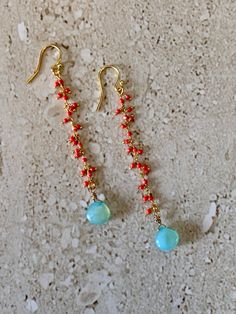 Coral Earrings. Linear earrings featuring a coral rosary chain accented with an aqua Peruvian Opal teardrop stone. Earwires are vermeil. GIFT BOXED Dainty Dangling Bead Earrings For Gifts, Dainty Dangling Beads Earrings As Gift, Dainty Earrings With Dangling Beads For Gift, Dainty Earrings With Dangling Round Beads, Bohemian Coral Dangle Jewelry, Handmade Coral Dangle Jewelry, Coral Dangle Jewelry For Gifts, Gift Coral Jewelry With Matching Earrings, Dainty Handmade Red Earrings