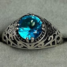 Art Deco Style * Sterling Silver * 8mm * Lead N Nickel Free * Rhodium Plated * Color May Vary Blue Solitaire Topaz Ring With Round Stone, Turquoise Topaz Ring, Silver Topaz Birthstone Ring, Turquoise Topaz Ring With Birthstone, Turquoise Topaz Birthstone Ring, Blue Topaz Ring With Birthstone, Topaz Ring Stamped 925, Silver Blue Topaz Ring With Round Stone, Silver Topaz Ring With Round Blue Topaz