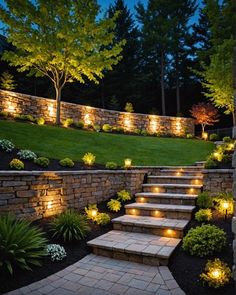 some steps lit up by lights in the grass