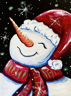 a painting of a snowman wearing a santa claus hat and scarf with stars in the background