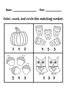 the worksheet for numbers 1 - 5 with pictures of owls and pumpkins