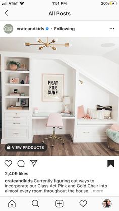 an instagram page with a white desk and shelves