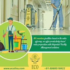 a man cleaning the floor with a mop and bucket in front of him is an advertisement for ecofincs com