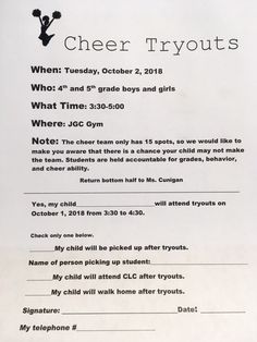 a white sign with black writing on it that says cheer tryouts