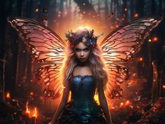 a woman in a blue dress with a butterfly wings on her head, surrounded by fire and butterflies