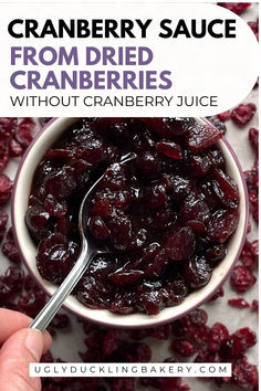 Small bowl of Cranberry Sauce from Dried Cranberries with a spoon and surrounded by more craisins. It says Homemade Cranberry Sauce from Dried Cranberries and the website Ugly Duckling Bakery dot com is at the bottom. Cranberry Pear Sauce, Fresh Cranberry Recipes, Orange Sauce Recipe, Fresh Cranberry Sauce, Best Cranberry Sauce, Easy Cranberry Sauce, Cranberry Orange Sauce, Cranberry Pear, Homemade Cranberry Sauce