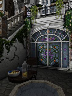 an artistic rendering of a balcony with flowers on it