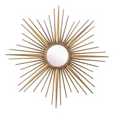 a mirror that is sitting on top of a wooden stick wall mounted sunburst