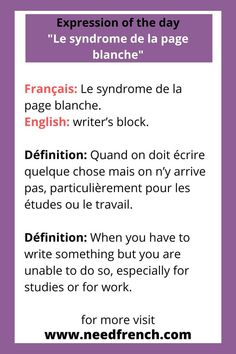 a purple and white poster with the words, expression of the day le syndrome de la page blanche