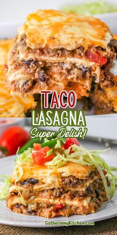 taco lasagna super dish with cheese and lettuce on the side