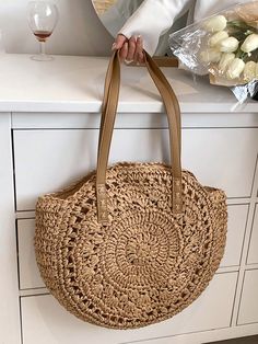 Caqui Casual,Vintage Collar  Paja Liso,Estampado en Textura Bolsa tote bandolera,Bolsa de paja Embellished Woven Beach Bag, Shoulder Tote Bag, Womens Tote, Beach Bag, Fashion Online Shop, Luggage Bags, New Arrival, Straw Bag, Bags Women