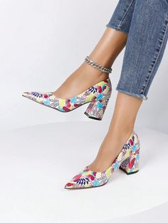 Vibrant Pointed-Toe High Heels with Chunky Heel - Euramerican Style Colorful High Heels, Point Toe Heels, Heels Chunky Heel, Effortless Chic Style, Chic French Style, Heels Chunky, Roman Sandals, Chic Heels, Strap Wedge