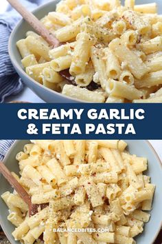 two bowls filled with creamy garlic and feta pasta