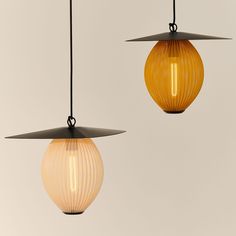 two yellow and black lamps hanging from the ceiling