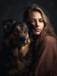 a woman is hugging her dog in front of a black background with the image of a brown and black dog on it's chest