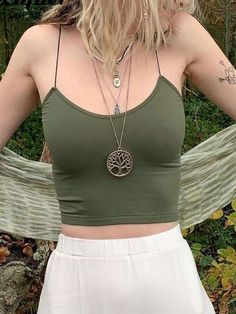 Fairy Grunge Crop Cami Top Solid Padded Crop Cami Top - AnotherChill Dark Green Crop Top Outfits, Green Tops Aesthetic, Summer Outfits Grunge Indie, Green Top Outfit Aesthetic, Green Tank Top Outfit, Green Crop Top Outfit, Dark Green Crop Top, Summer Dump, Closet Aesthetic