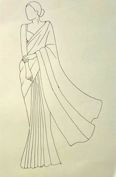 a drawing of a woman in a sari with her hand on her hip, looking down