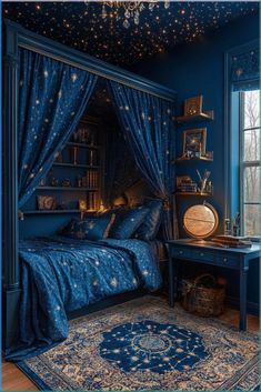 a bedroom with blue walls and stars on the ceiling