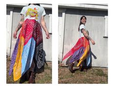 two pictures of a woman wearing a long skirt with different colors and patterns on it