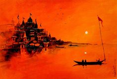 a painting of a castle in the middle of water with boats floating on it at sunset