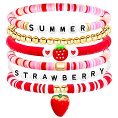 PRICES MAY VARY. Stylish and Versatile: These strawberry bracelets set feature a trendy Heishi style with cute pink strawberry accents that complement any summer outfit. Whether you're hitting the beach or strolling through the city, these stackable bracelets for women add a touch of fun and color to your look. High-Quality Materials: Crafted from durable clay beads and elastic stretch string, these summer bracelets are designed to last. The materials are not only fashionable but also comfortabl Friendship Bracelets Summer, Pulseras Ideas, Perle Plate, Clay Beaded Bracelet, Bracelets Summer, Bracelets Friendship, Homemade Bracelets, Summer Beach Jewelry, Bracelets Ideas