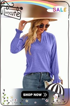 Purple V-neckline Ruffle Long Sleeve Tops Fall V-neck Top With Ruffle Hem, Fall V-neck Ruffled Tops, Casual Ruffled Split Neck Blouse, Fall Ruffled V-neck Tops, Chic Ruffled Split Neck Blouse, Chic Split Neck Blouse With Ruffles, Tops Long Sleeve, Ruffle Long Sleeve, Women Tops