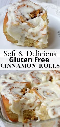 two pictures of cinnamon roll with frosting on top and the words soft & delicious gluten free cinnamon rolls