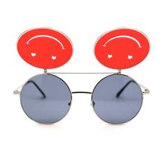 Here is something truly unique and a fun summer sunglasses with super vintage vibe flip up lens with die cut smiley face. Hippie round circle sunglasses with both inner lenses and out lenses tinted with colorful pop colors. They are 100% UV400 polycarbonate lenses. (b957) Size: 5 1/2" (140mm) x 2 1/8" (54mm).  Color: Black.  Gender: unisex.  Age Group: adult. Playful Red Sunglasses For Party, Fun Sunglasses For Summer Music Festivals, Retro Red Sunglasses For Summer, Red Retro Sunglasses For Summer, Fun Summer Sunglasses For Music Festivals, Retro Sunglasses With Mirrored Lenses For Music Festival, Fun Festival Sunglasses With Tinted Lenses, Festival Fun Sunglasses With Mirrored Lenses, Fun Festival Sunglasses With Gradient Lenses