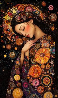 a painting of a woman with her head resting on her hands, surrounded by circles and stars