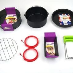 the supplies needed to make a cake are displayed on a white surface with purple and green trimmings