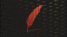 a red feather sitting on top of a black background with words all over it and the words written in different languages