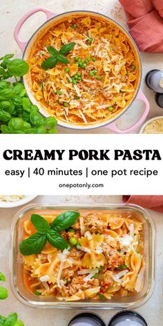 creamy pork pasta in a pan with basil and parmesan cheese