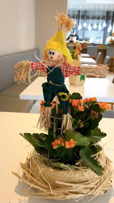 a scarecrow doll sitting on top of a basket filled with leaves and flowers next to a potted plant