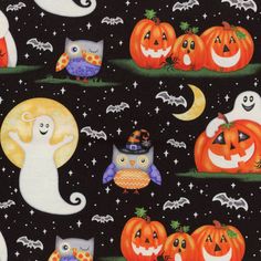 an image of halloween pumpkins and owls on black background with stars, bats, and moon