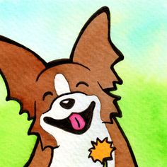 a drawing of a brown and white dog holding a flower in it's mouth