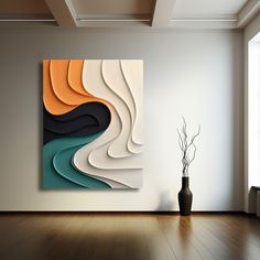 an abstract painting hangs on the wall next to a vase with a plant in it