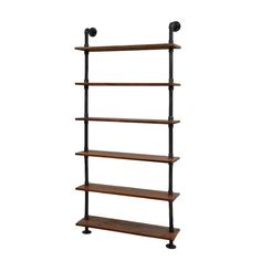 an industrial style shelving unit with four shelves and two hooks on each side,