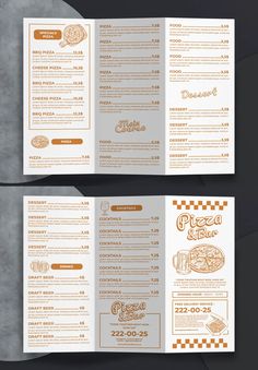 two different menus on top of each other with orange and white designs in the middle