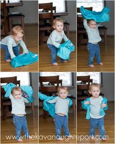 a collage of photos showing a toddler playing with a blue bag and cloth