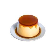 a small dessert on a white plate with caramel sauce in the top and bottom