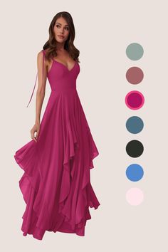 This flowy dress features double adjustable spaghetti straps with a bow tie at the shoulders, pockets, and a ruffled tier handkerchief cut skirt. Mulberry Bridesmaid Dresses, Red Flowy Dress, Rust Bridesmaid Dress, Evening Accessories, Burgundy Bridesmaid, Floor Length Chiffon Bridesmaid Dresses, Mother Wedding Dress, Chiffon Bridesmaid Dresses, Red Bridesmaid Dresses