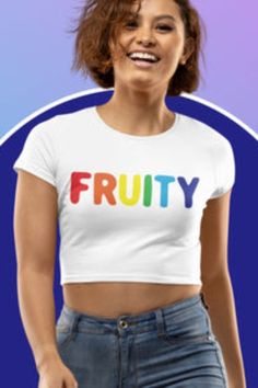 Funny pride crop top for anyone who’s feeling a little fruity. Great for showing off your queer pride. Short, fitted LGBT shirt for pride month, pride parade day and pride festivals. This gay pride crop top is only available here... Pride Parade Outfit, Queer Shirt, Gay Pride Shirts, Lgbt Shirts, Summer Festivals, Pride Outfit, Pride Parade, Workout Crop Top, Lgbtq Pride