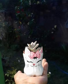 a hand holding a white cat with a pink bow on it's head and eyes